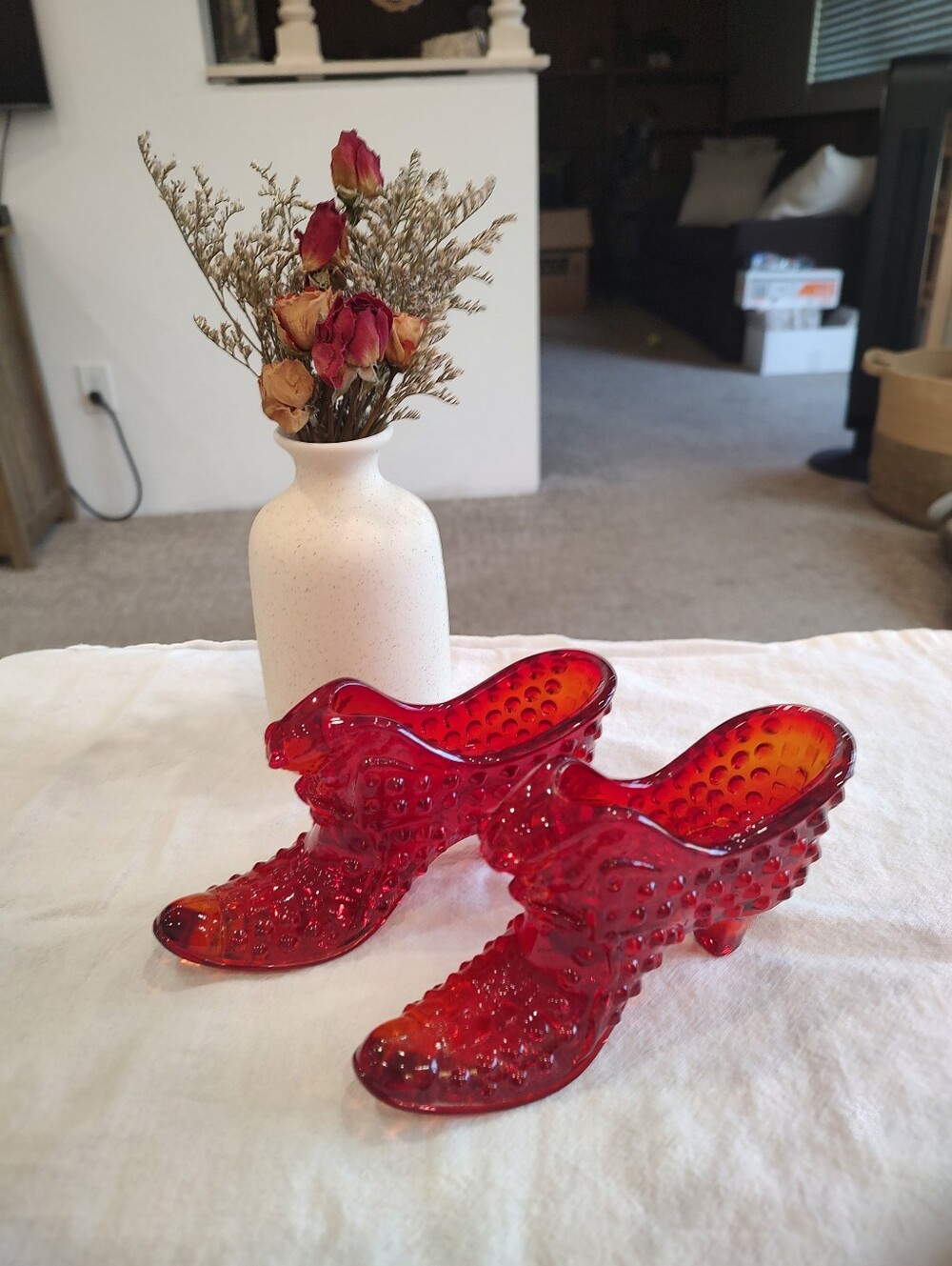 Rare Pair Fenton Amberina Ruby Red Hobnail Cat Eye Glass Shoes